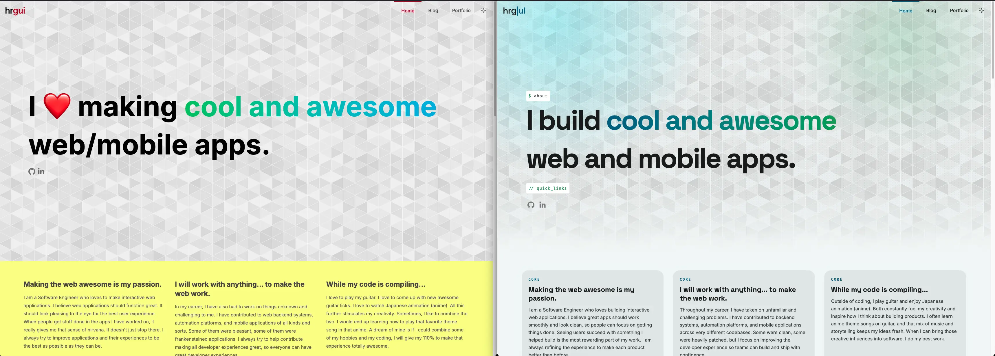 Home page light mode before and after